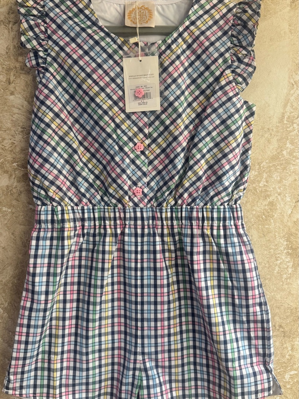 TBBC Plaid Ruffled Sleeve Romper in Navy, Pink, Yellow & Green